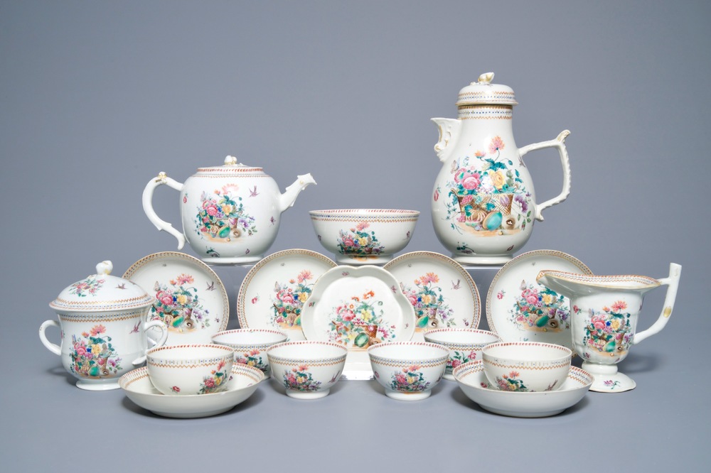 A Chinese famille rose 18-part tea service with fruit baskets and flowers, Qianlong